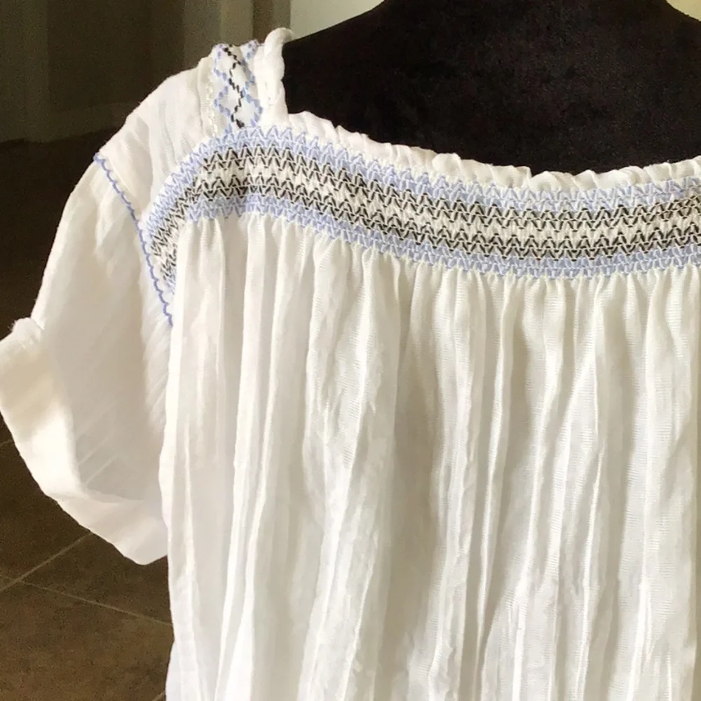 Free People White Smocked Square Neck Peasant Top with Light Blue Trim